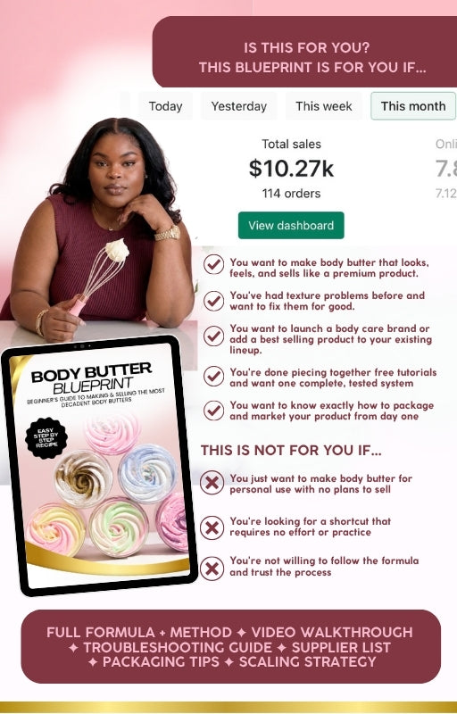 Promotional graphic for a 'Body Butter Blueprint' with a woman holding a whisk and product display.