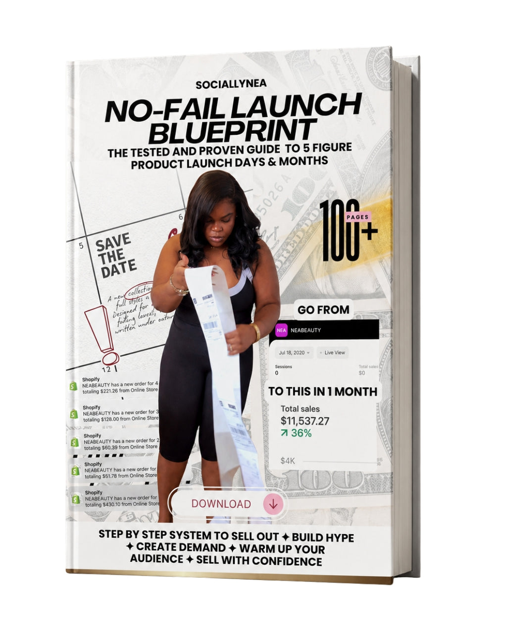 Book titled 'No-Fail Launch Blueprint' with a woman holding a large piece of paper on the cover.