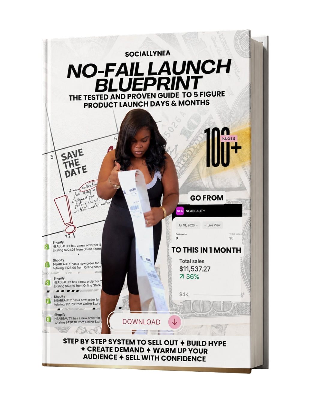 Book titled 'No-Fail Launch Blueprint' with a woman holding a large piece of paper on the cover.