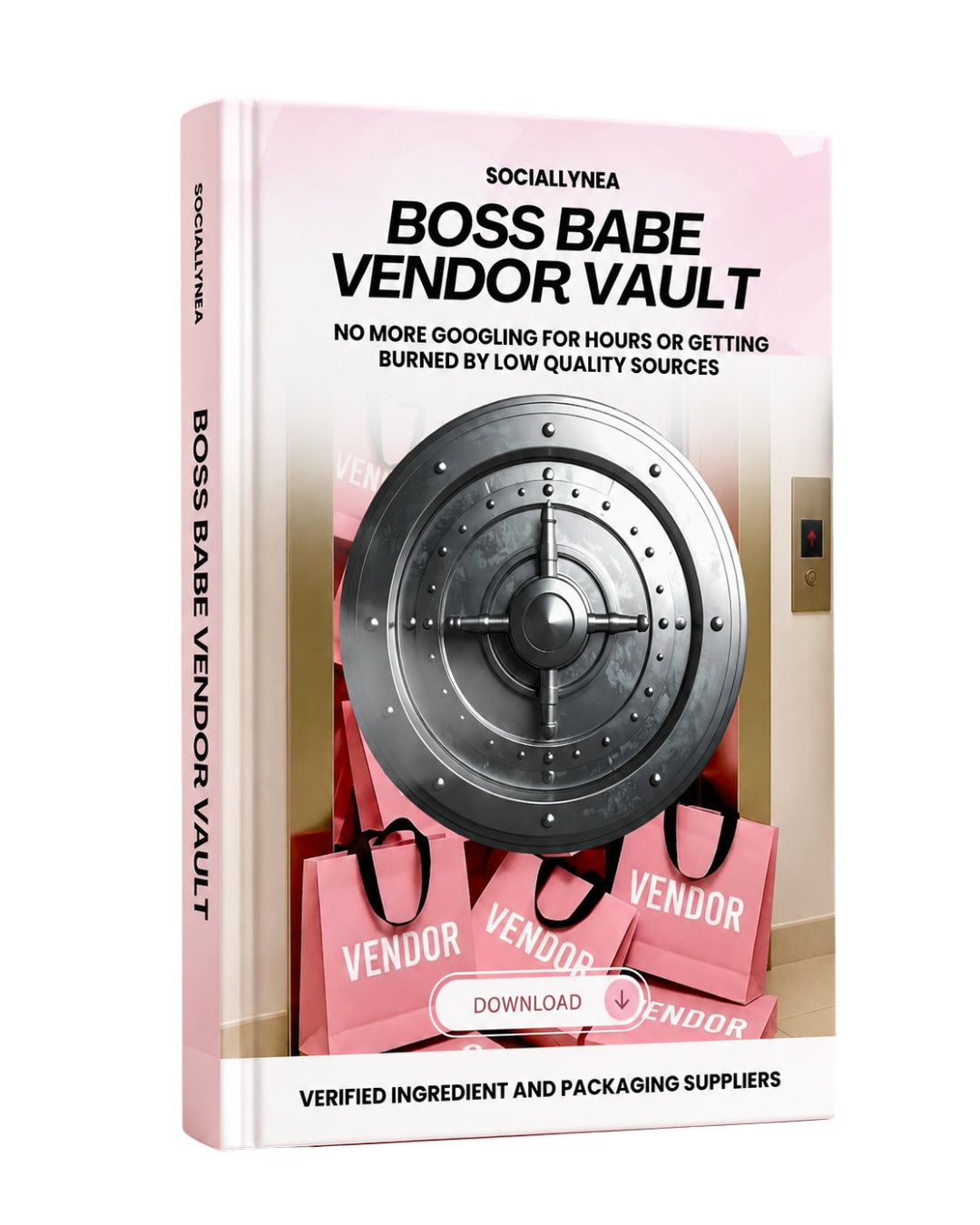 Book titled 'Boss Babe Vendor Vault' by Sociallyneaa with a pink cover and vault graphic.