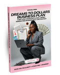 Book titled 'Dreams to Dollars Business Plan' with a woman using a laptop on a pink background