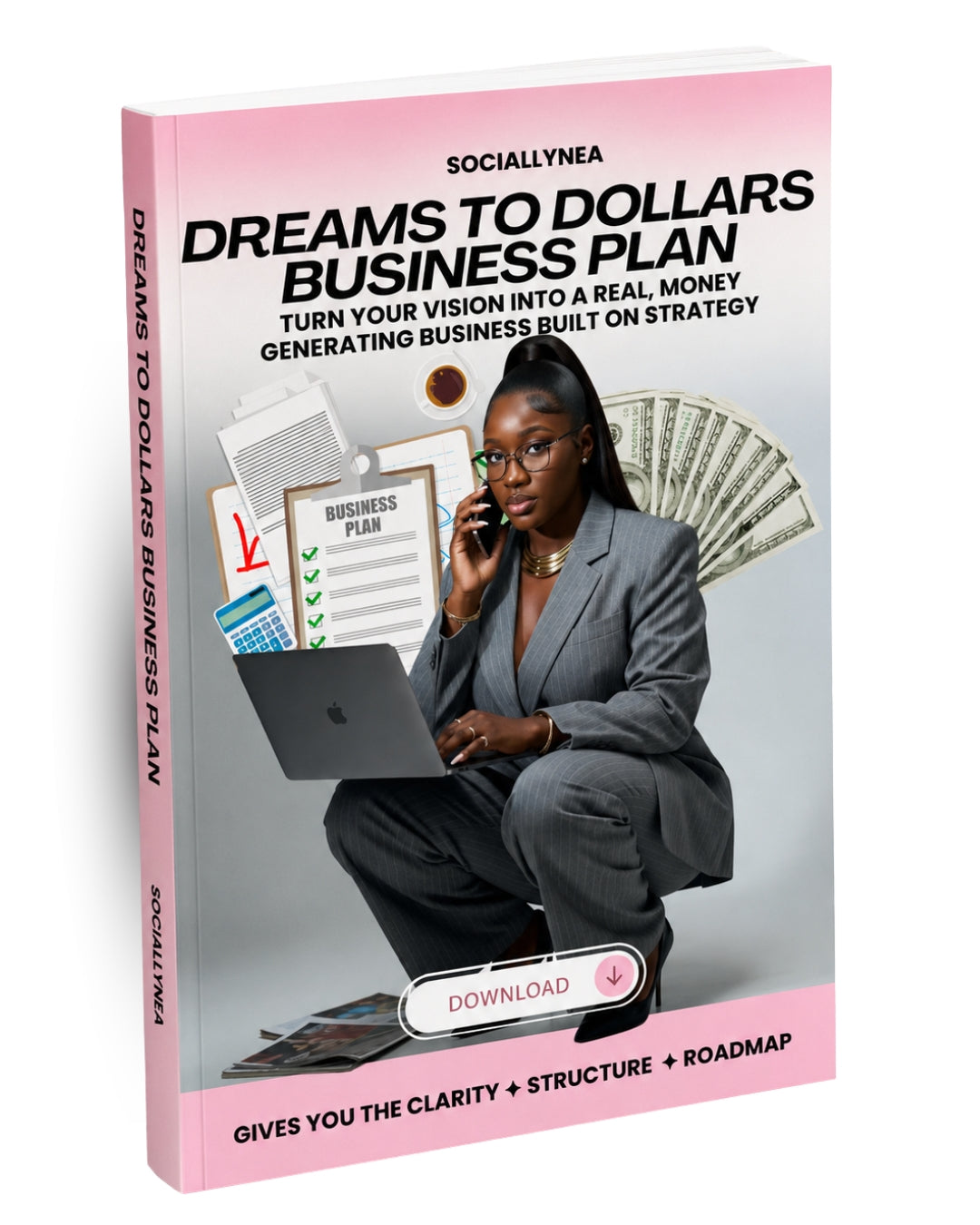 Book titled 'Dreams to Dollars Business Plan' with a woman using a laptop on a pink background