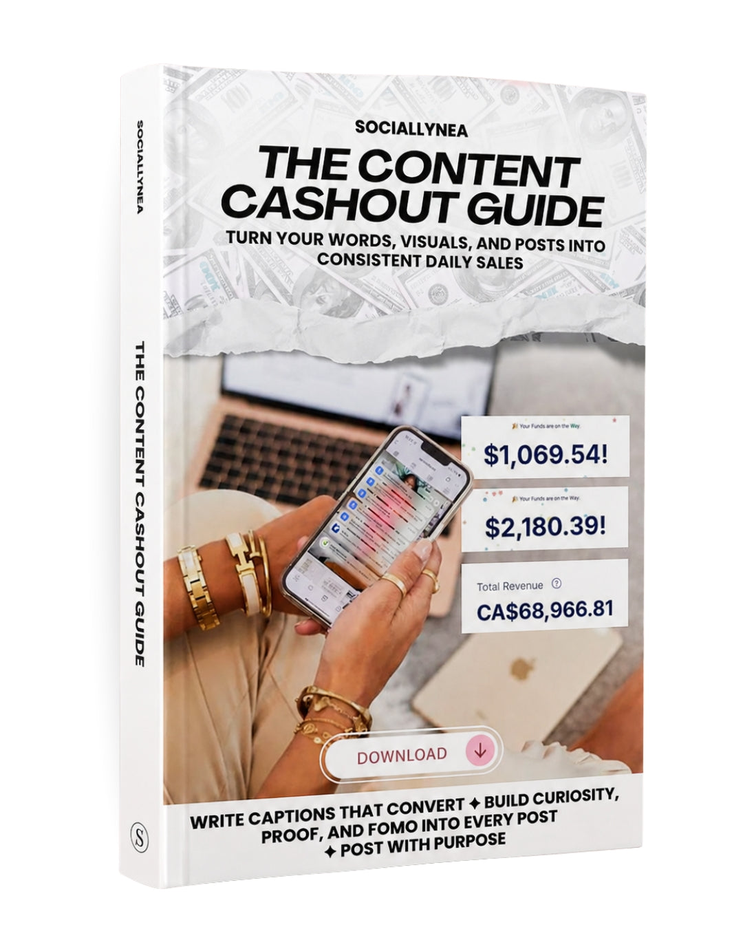 Book titled 'The Content Cashout Guide' by Sociallynea on a white background