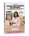 Book titled 'Skincare Empire Blueprint' by Sociallyneaa with a woman on a laptop and money in the background.