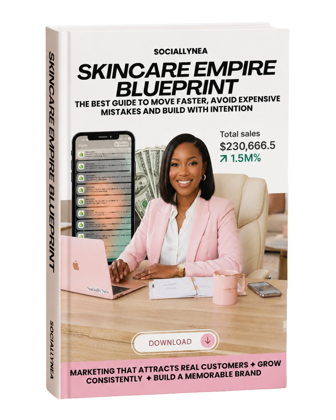 Book titled 'Skincare Empire Blueprint' by Sociallyneaa with a woman on a laptop and money in the background.